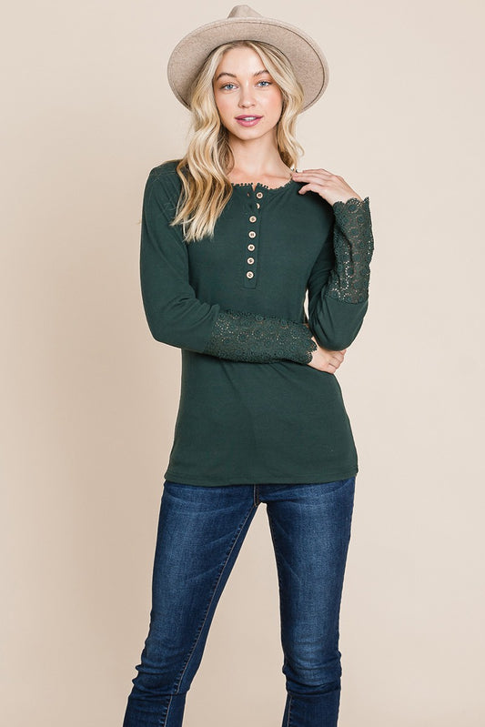 Scalloped Neck Henley Placket Lace Sleeve top