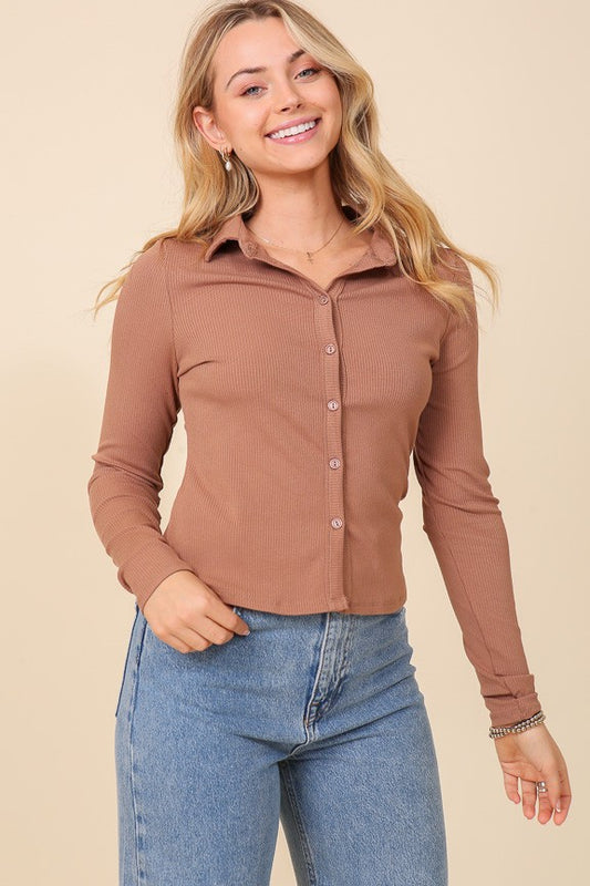 long sleeve polo button down ribbed top