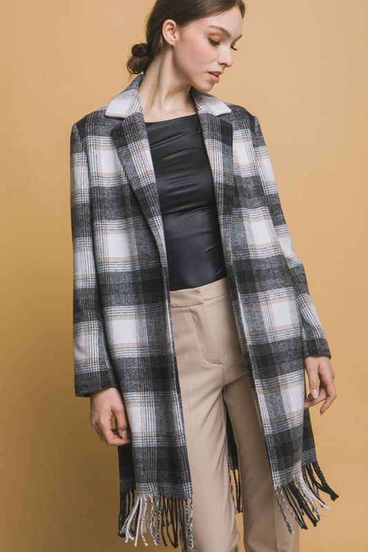 BLACK Fringed Plaid Coat