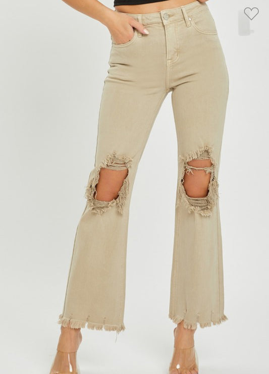 RISEN SAND HIGH-CROP STRAIGHT-DISTRESSED PANTS