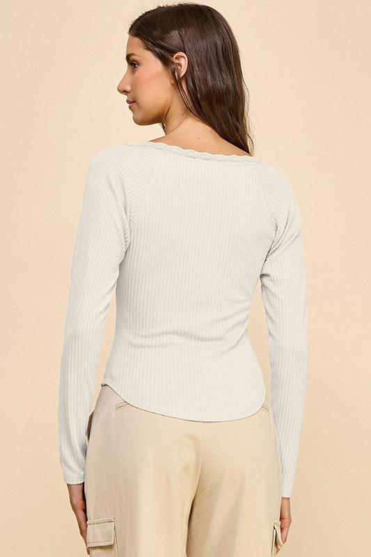 Lace Trimmed Henley button Down Long Sleeve Top